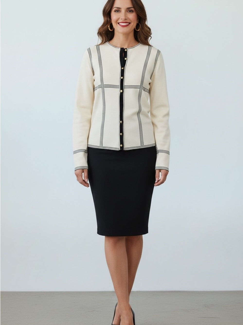 Fendi Cream and Black Grid-Trim Cardigan